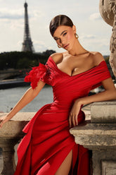 Glamorous Long Red A-line Off-the-shoulder Ruffles Prom Evening Dresses with Slit